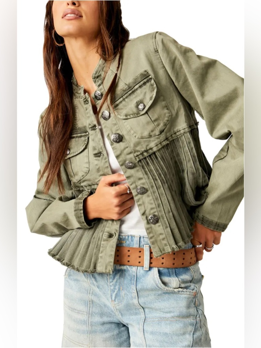 Free People Cassidy Army Green Denim Blazer Jacket Size Medium